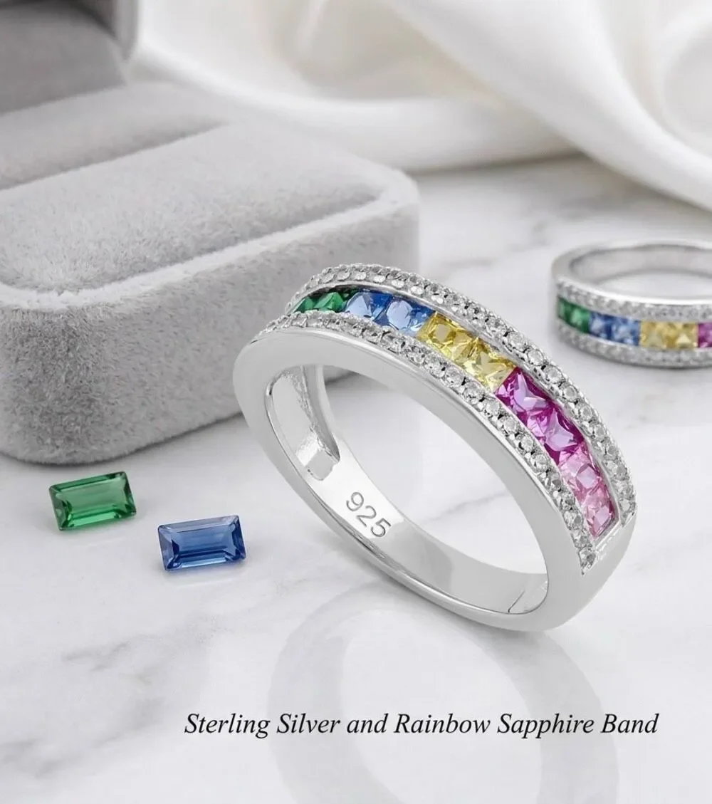 Sterling Silver Rainbow Sapphire Multi Gemstone Eternity Band Ring Size 8 New